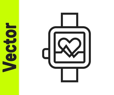 Siyah çizgi Akıllı saat beyaz arkaplanda kalp atış hızı simgesini gösteriyor. Fitness uygulaması konsepti. Vektör.