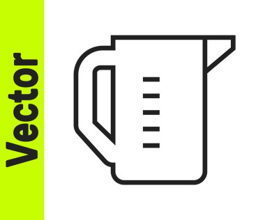 Siyah çizgi ölçme kabı beyaz zemin üzerinde izole edilmiş kuru ve sıvı yiyecek ikonunu ölçmek için. Plastik şişenin sapı var. Vektör.