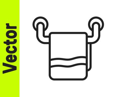 Beyaz arka planda izole edilmiş bir askı simgesinde siyah çizgi havlusu. Banyo havlusu ikonu. Vektör.