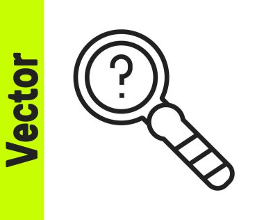 Siyah çizgi Bilinmeyen arama simgesi beyaz arkaplanda izole edildi. Büyüteç ve soru işareti. Vektör.