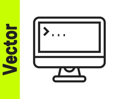 Siyah çizgi bilgisayar ekranı ekranı simgesi beyaz arkaplanda izole edildi. Elektronik cihaz. Ön manzara. Vektör.