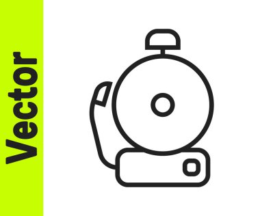 Siyah çizgi alarm zili simgesi beyaz arkaplanda izole edildi. Alarm sembolü, servis zili, el zili işareti, uyarı sembolü. Vektör.