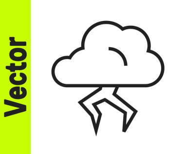 Siyah çizgi Storm simgesi beyaz arkaplanda izole edildi. Bulut ve şimşek işareti. Fırtınanın hava durumu ikonu. Vektör.