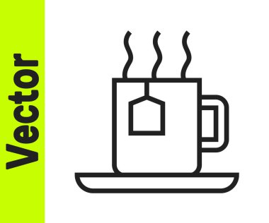 Beyaz arka planda siyah çay poşeti ikonu olan bir fincan çay. Vektör.