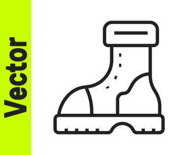 Siyah çizgi, su geçirmez lastik bot simgesi beyaz arkaplanda izole edilmiş. Yağmurlu hava, balıkçılık, bahçe işleri için çizme. Vektör.