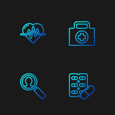 Hat haplarını su toplayan paketlere, tıbbi analizlere, kalp atış hızına ve ilk yardım çantasına koyun. Renk simgeleri. Vektör