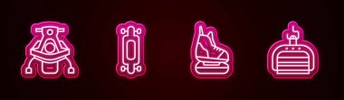 Çizgi çizgisi Snowmobile, Longboard veya kaykay, Kayak ve Kayak kaldırma. Parlayan neon ikonu. Vektör