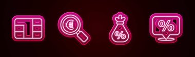 Kredi kartını çip, büyüteç ve avro ile belirle, para çantası yüzde ve indirim etiketi. Parlayan neon ikonu. Vektör