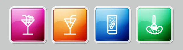 Set Line Cocktail Tabletas Efervescentes Agua Pepino Escabeche Tenedor Botón — Vector de stock