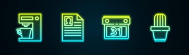 Set hattı kahve makinesi, özgeçmiş, takvim ve kaktüs ve sulu demlik. Parlayan neon ikonu. Vektör