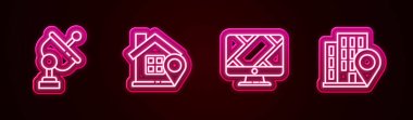 Radar hattını, evi, konumu ve konumu ayarla. Parlayan neon ikonu. Vektör
