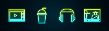 Online set oyun videosu, samanlı kağıt bardak, kulaklık ve. Parlayan neon ikonu. Vektör