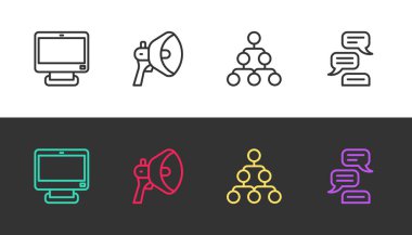 Çizgi bilgisayar monitörü, megafon, hiyerarşi organizogram şeması ve konuşma baloncuğu sohbetini siyah beyaz ayarla. Vektör