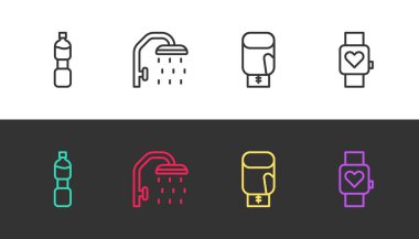 Bir şişe su, duş başlığı, boks eldiveni ve siyah beyaz akıllı saat. Vektör