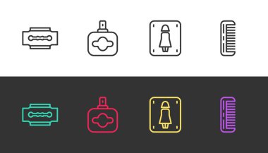Jilet, parfüm, kadın tuvaleti ve siyah beyaz saç fırçası. Vektör