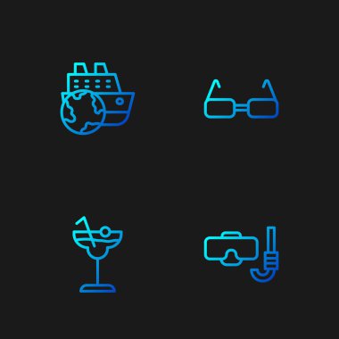 Dalış maskesi, şnorkel, kokteyl, yolcu gemisi ve gözlüğü hazırlayın. Renk simgeleri. Vektör