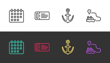 Takvim çizgisi, Cruise bileti, Anchor ve gemi hattı yolu siyah beyaz. Vektör