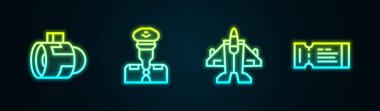 Jet motor türbini, Pilot, avcı uçağı ve uçak bileti ayarlayın. Parlayan neon ikonu. Vektör
