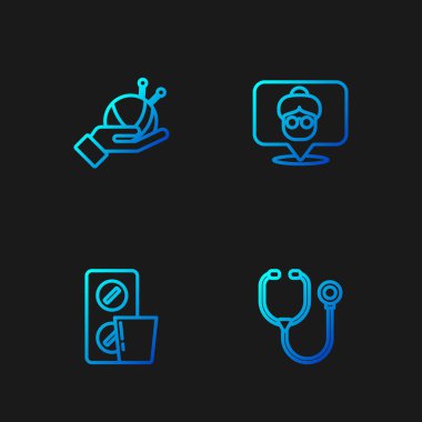 Stetoskop hattı, su toplayan haplar örgü iğneli iplik yumağı ve huzurevi. Renk simgeleri. Vektör