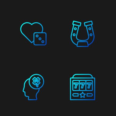 Büyük ikramiyeli kumar makinesi, kumarhane yoncası, zar oyunu ve at nalı. Renk simgeleri. Vektör