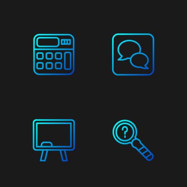 Bilinmeyen arama hattı, tebeşir tahtası, hesap makinesi ve konuşma balonu sohbetini ayarla. Renk simgeleri. Vektör