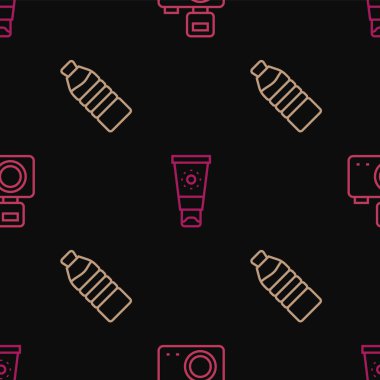 Fotoğraf makinesini flaş, bir şişe su ve güneş kremini pürüzsüz desenli tüpe yerleştir. Vektör