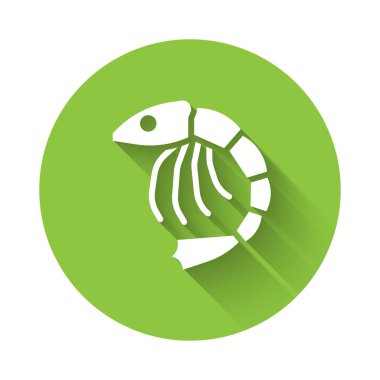 Uzun gölgeli beyaz karides ikonu. Yeşil daire düğmesi. Vektör.