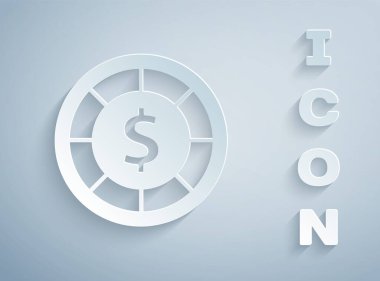 Kağıt kesiği kumarhane çipleri simgesi gri arka planda izole edilmiş. Kumarhane kumarı. Kağıt sanatı tarzı. Vektör.