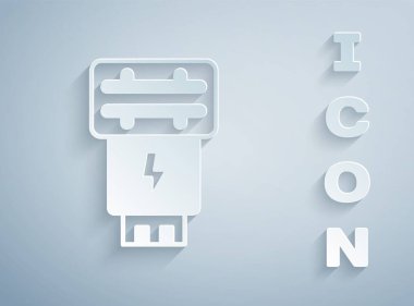 Kağıt kesiği Fotoğraf Makinesi flaş simgesi gri arkaplanda izole edildi. Kağıt sanatı tarzı. Vektör.