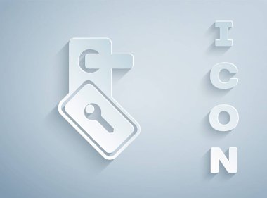 Kağıt, gri arkaplanda izole edilmiş ikonu açmak için kablosuz teknolojiyle dijital kapı kilidi açıyor. Kapı kolu tabelası. Güvenlik akıllı ev. Kağıt sanatı tarzı. Vektör.