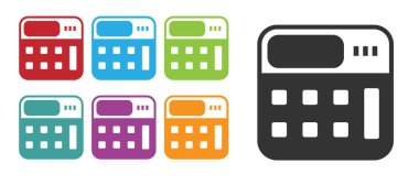 Siyah Hesap Makinesi simgesi beyaz arkaplanda izole edildi. Muhasebe sembolü. İş hesaplamaları matematik eğitimi ve finans. Simgeleri renklendirin. Vektör.