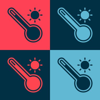 Popüler sanat Meteoroloji termometresi ısı ve soğuk ikonu renk arkaplanında izole ediyor. Termometre termometresi sıcak ya da soğuk hava gösteriyor. Vektör.