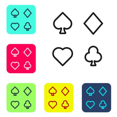 Beyaz arkaplanda izole edilmiş siyah çizgi iskambil simgesi. Kumarhane kumarı. Renkli kare düğmelerle simgeleri ayarla. Vektör.