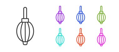 Siyah çizgi toz üfleyici simgesi beyaz arkaplanda izole edildi. Hava temizleyici. Mercek temizleyicisi. Kamera sensörü temizliği. Simgeleri renklendirin. Vektör.