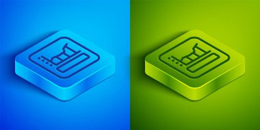Isometric çizgi grafiği, çizelgesi, çizelgesi, diyagramı, bilgi grafiği, turta grafik simgesi mavi ve yeşil arkaplanda izole edildi. Kare düğmesi. Vektör.