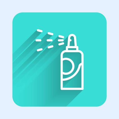 Saç spreyi için beyaz çizgi spreyi, deodorant, uzun gölgeli terleme önleyici ikon. Yeşil kare düğmesi. Vektör.