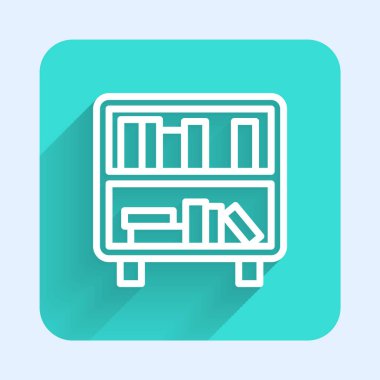 Uzun gölgeli, kitap simgesi olan beyaz çizgi rafı. Raflar işaretli. Yeşil kare düğmesi. Vektör.