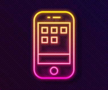 Parlayan neon hattı Smartphone, siyah arkaplanda izole edilmiş cep telefonu simgesi. Vektör.