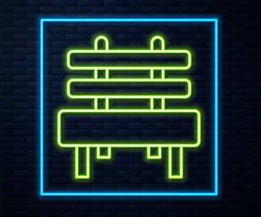 Parlayan neon hattı Bench simgesi tuğla duvar arkasında izole edilmiş. Vektör.