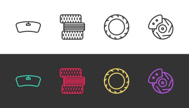 Ön cam, araba tekerleği ve fren diskini ayarlayın. Caliper ile siyah beyaz. Vektör