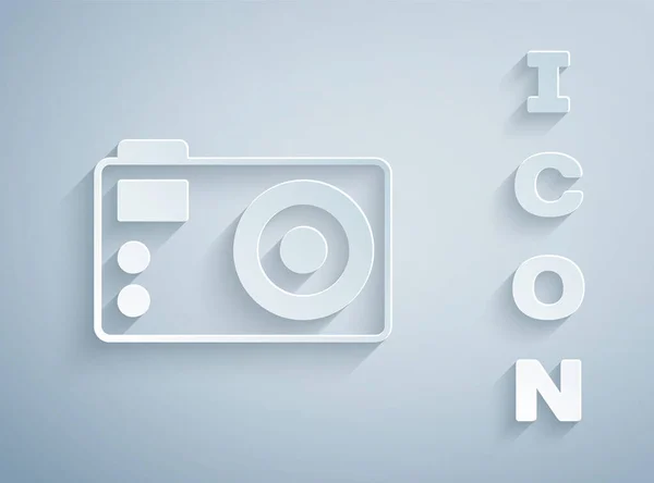 Иконка Фотокамеры Изолирована Сером Фоне Фотокамера Цифровая Фотография Бумажный Стиль — стоковый вектор