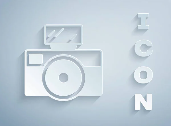 Taglio Carta Fotocamera Fotografica Con Icona Flash Illuminazione Isolata Sfondo — Vettoriale Stock