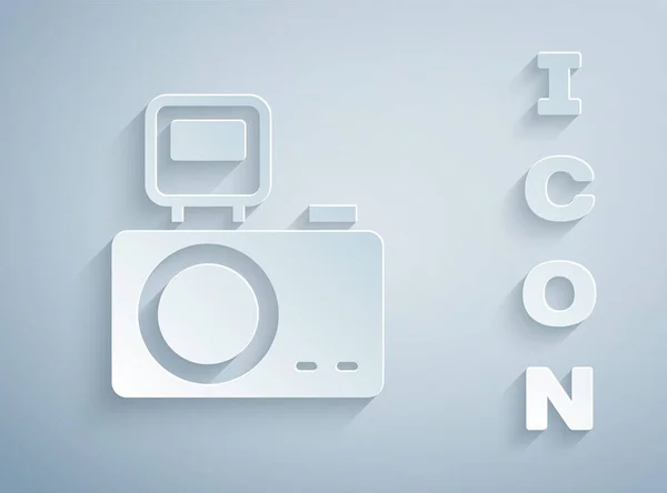 Papiergeschnittene Fotokamera Mit Lichtblitz Symbol Isoliert Auf Grauem Hintergrund Fotokamera — Stockvektor