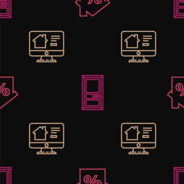 Satır Evi 'ni indirimli olarak ayarla, çevrimiçi emlak evi ve pürüzsüz desenli kapalı kapı. Vektör