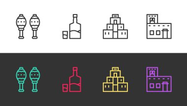 Sıra Maracas, tekila şişesi ve cam, Maya 'dan Chichen Itza ve Meksika' daki siyah beyaz ev. Vektör