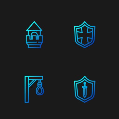 Ortaçağ kalkanını kılıç, darağacı, kale kulesi ve kalkanla donatın. Renk simgeleri. Vektör