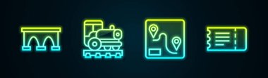 Köprü hattını tren, vintage lokomotif, rota ve tren bileti için ayarla. Parlayan neon ikonu. Vektör