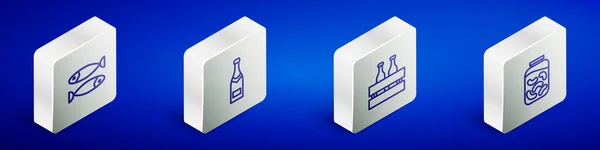 Set Isometric Ligne Poisson Séché Bouteille Champagne Pack Bouteilles Bière — Image vectorielle