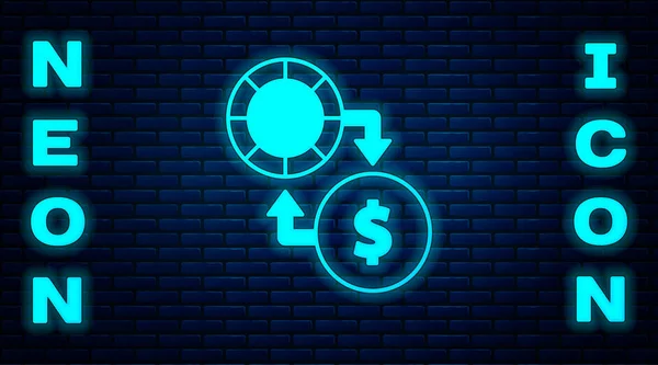 Glowing Neon Casino Chips Exchange Stacks Dollars Icon Isolated Brick — Stock Vector