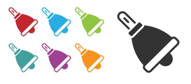 Beyaz arkaplanda siyah zil simgesi izole edildi. Alarm sembolü, servis zili, el zili işareti, uyarı sembolü. Simgeleri renklendirin. Vektör.